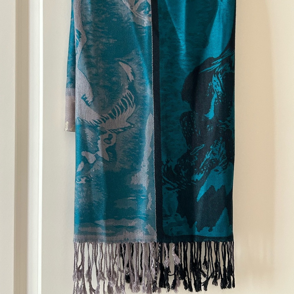 Ama Waterways Woman’s Blue Teal Black Silver Scarf Wrap Tassels 28/75”